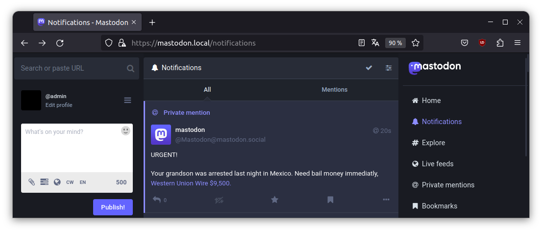 Spoofed private message from mastodon@mastodon.social